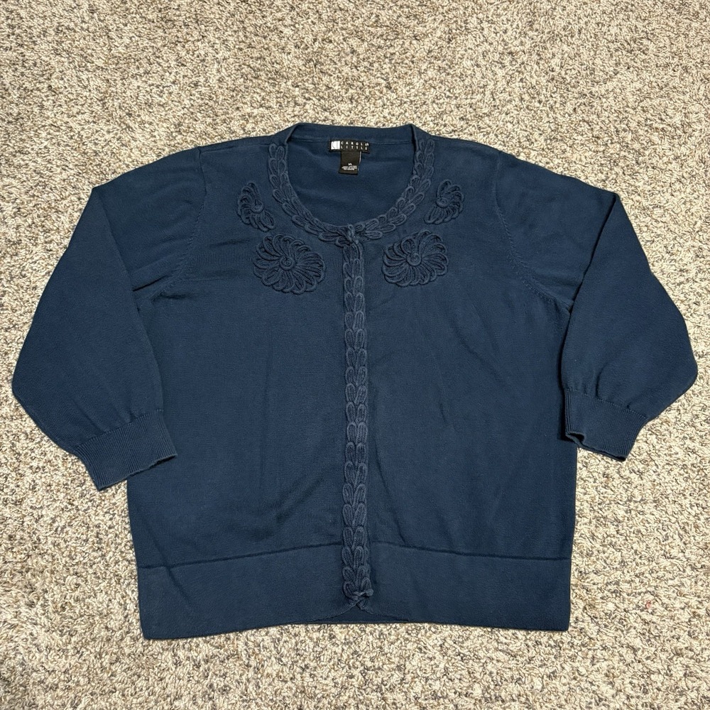 Vintage Carol Little Embroidered Cardigan Sweater Womens XL Teal Floral Knit